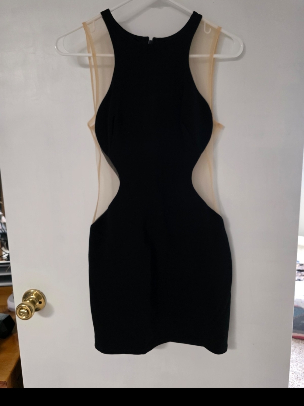 bebe Black Mini Dress with Nude Mesh Cutouts